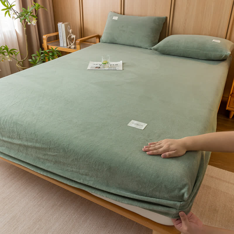 Solid Color Soft Flannel Fitted Sheet - Green Bean - 2pcs Pillowcases - 19" x 29" - image 9
