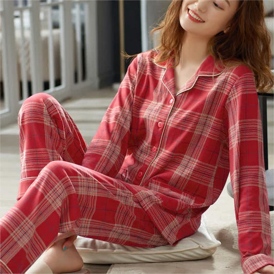 Lattice Cotton Long Sleeves Pajama Set - Red - 3XL - image 0