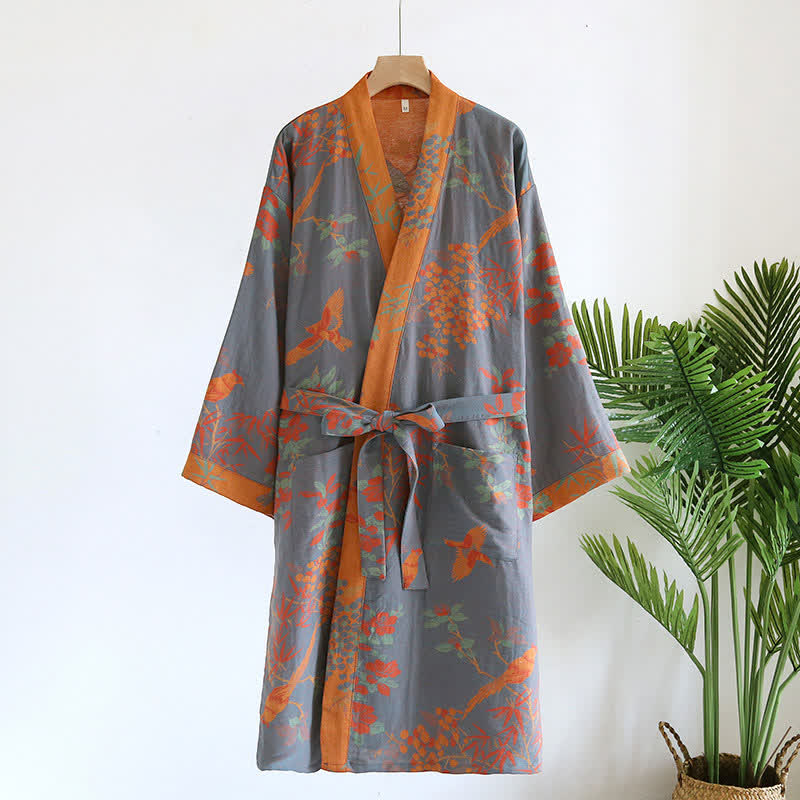 Jacquard Retro Cotton Gauze Pastoral Style Bathrobe - Gray Blue - L - image 0