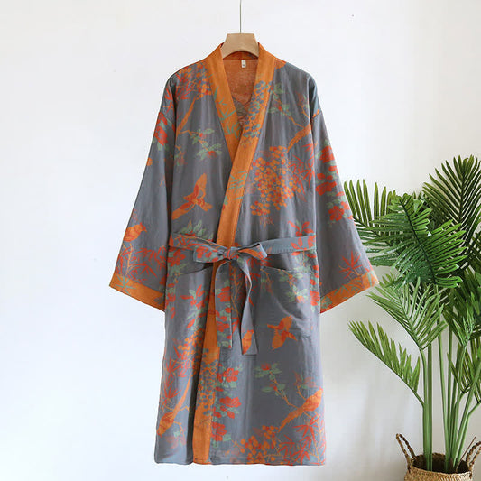Jacquard Retro Cotton Gauze Pastoral Style Bathrobe - Gray Blue - L - image 0