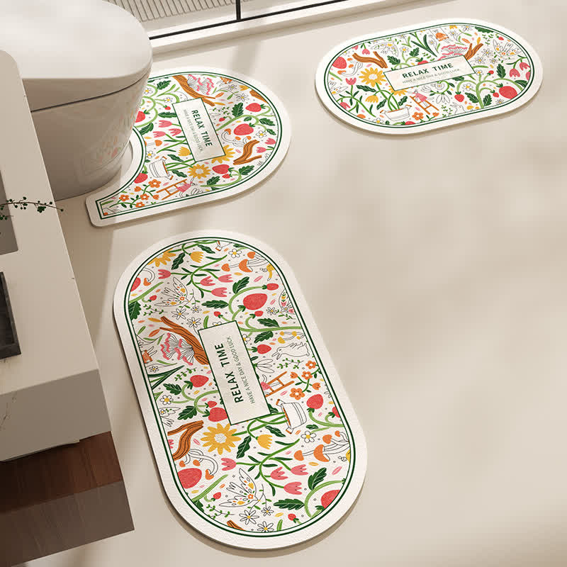Floral Diatom Mud Anti-slip Bath Mat  - B - Set - 16" x 31" + 16" x 23" + 19" x 21" - image 1