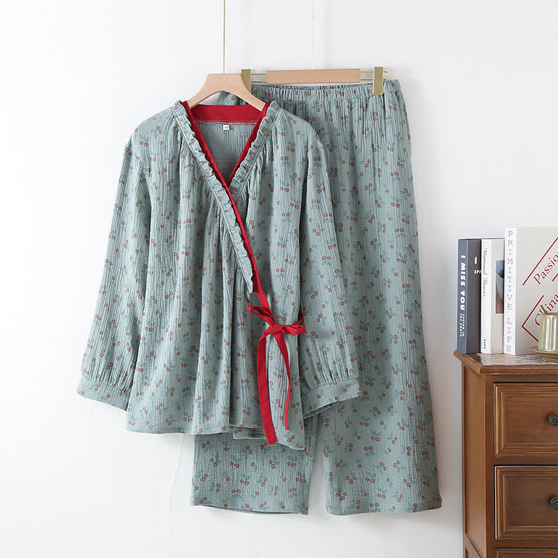 Kimono Rural Rose Cotton Gauze Pajama Set - Blue Green - XL - image 1