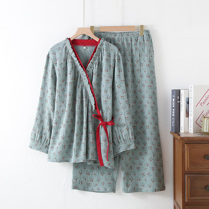 Kimono Rural Rose Cotton Gauze Pajama Set - Blue Green - XL - image 1