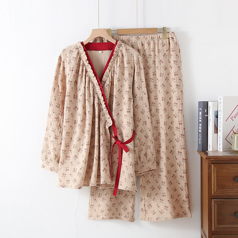 Kimono Rural Rose Cotton Gauze Pajama Set - Beige - XL - image 7