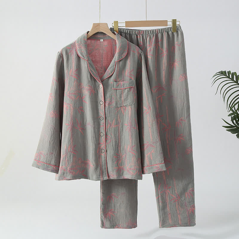 Yarn-dyed Rural Bamboo Cotton Gauze Pajama Set - Light Green - XL - image 9
