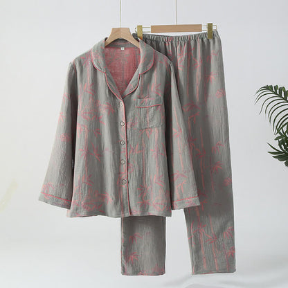 Yarn-dyed Rural Bamboo Cotton Gauze Pajama Set - Light Green - XL - image 9