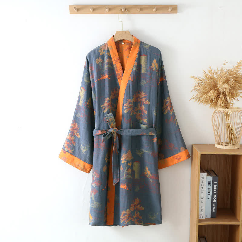 Pure Cotton Breathable Retro Kimono Bathrobe - Gray Blue & Orange - XL - image 1