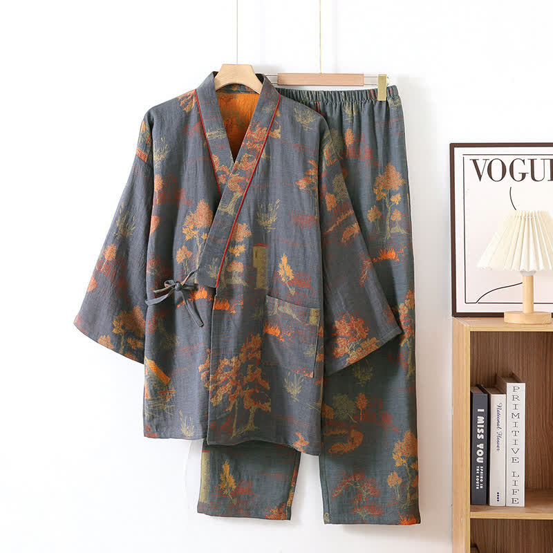 Neutral Landscape Kimono Cotton Pajama Set - Gray Blue - XL - image 11