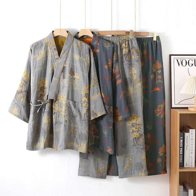 Neutral Landscape Kimono Cotton Pajama Set - image 2