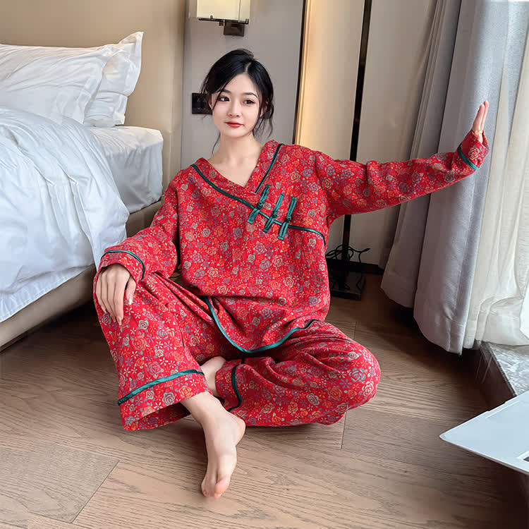 Plus Size Frog Button Rose Cotton Pajama Set - Red - 3XL - image 0