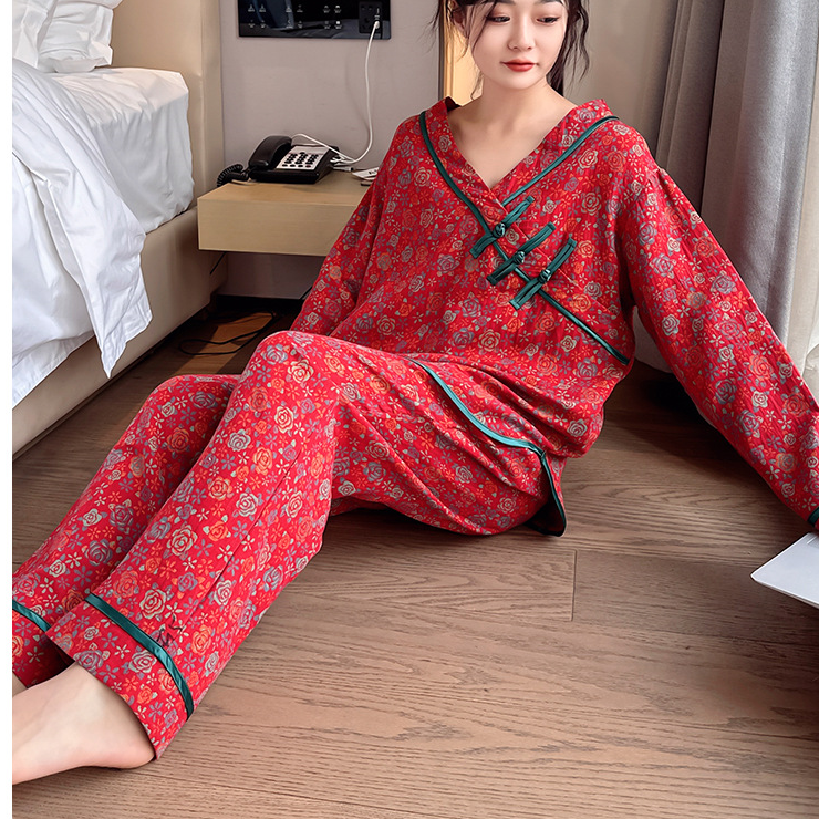 Plus Size Frog Button Rose Cotton Pajama Set - image 1