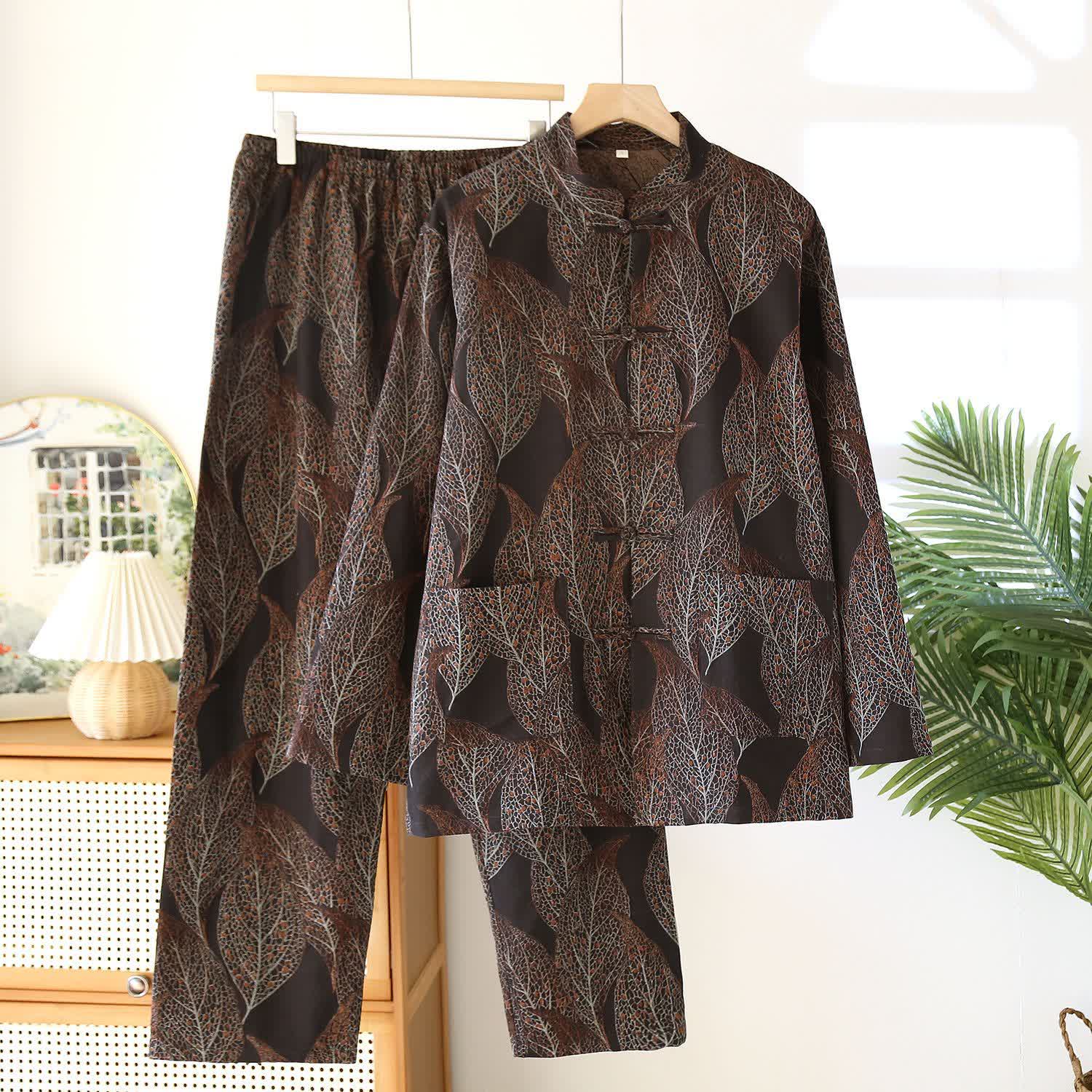 Frog Button Retro Leaf Couple Pajama Set - Dark Brown - Men XL - image 2