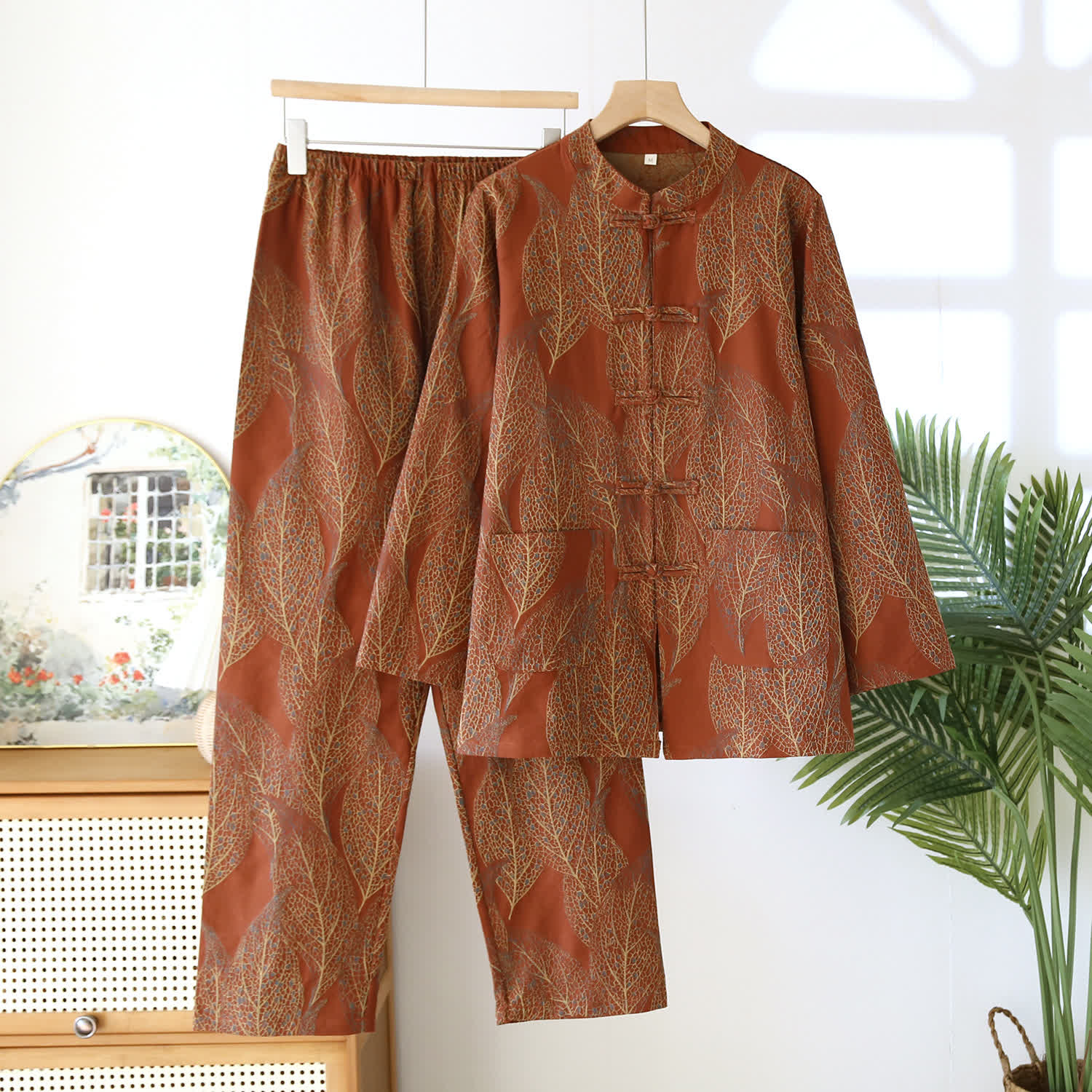 Frog Button Retro Leaf Couple Pajama Set - Brick Red - Women XL - image 0