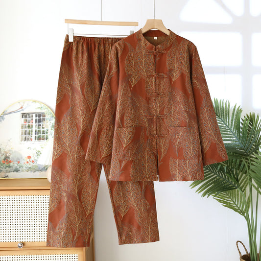 Frog Button Retro Leaf Couple Pajama Set - Brick Red - Women XL - image 0