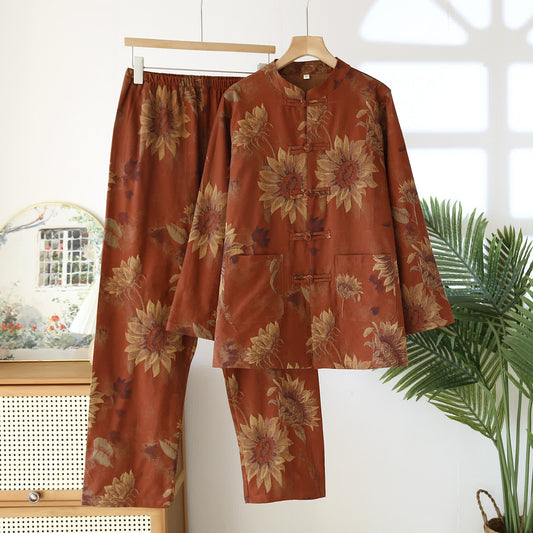 Retro Sunflower Stand Collar Couple Pajama Set - Brick Red - Women XL - image 0