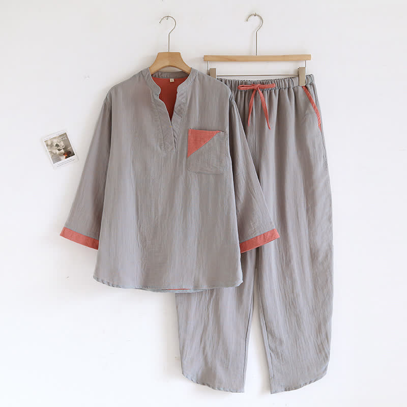 Colorblock Double Layer Cotton Gauze Pajama Set - Silver Gray - XL - image 15