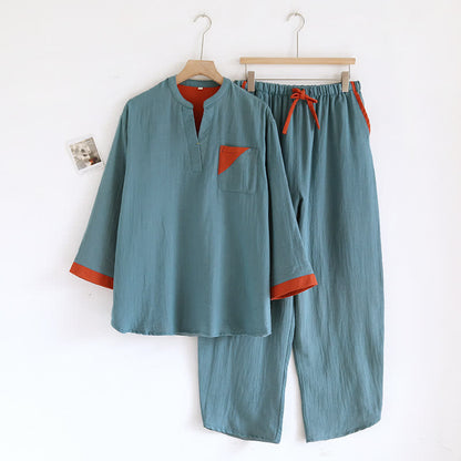 Colorblock Double Layer Cotton Gauze Pajama Set - Blue - XL - image 13