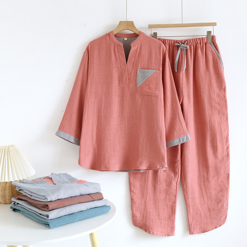 Colorblock Double Layer Cotton Gauze Pajama Set - image 0