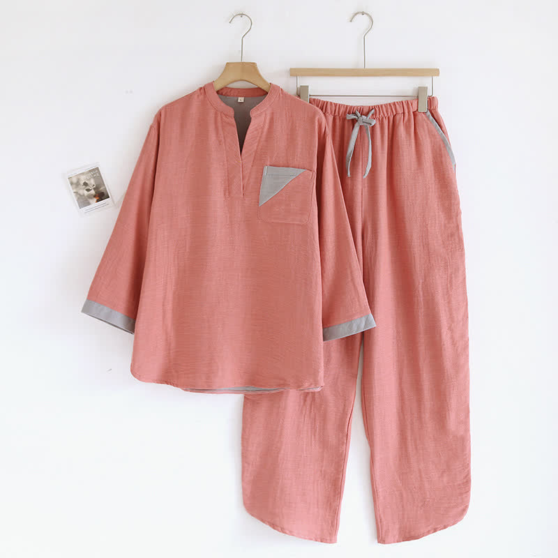 Colorblock Double Layer Cotton Gauze Pajama Set - Pink - XL - image 4