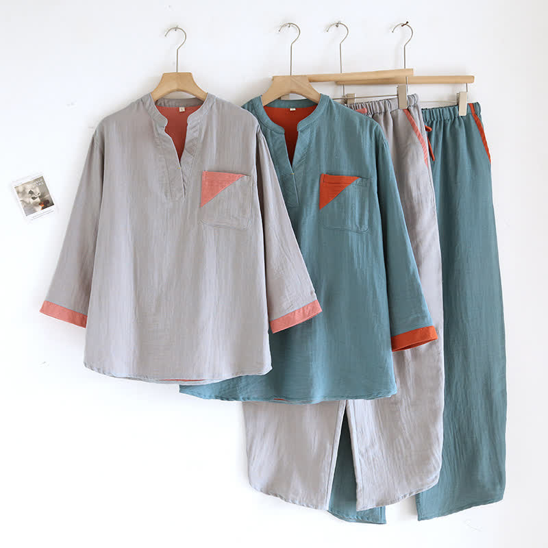 Colorblock Double Layer Cotton Gauze Pajama Set - image 2
