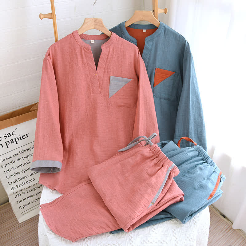 Colorblock Double Layer Cotton Gauze Pajama Set - image 1