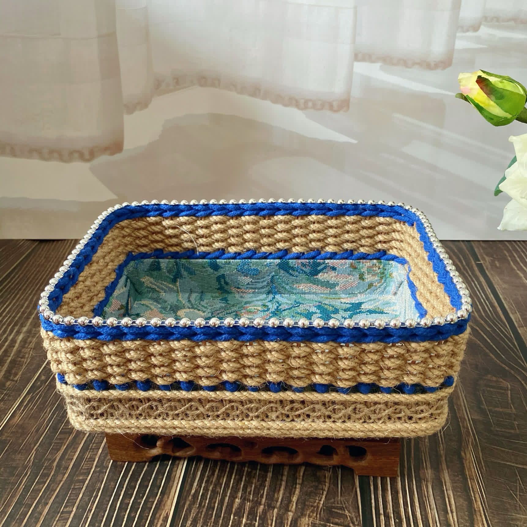 Vintage Floral Hand-woven Tabletop Storage Basket - Blue - 1PCS - 6.29'' W X 9.06'' L X 3.35'' H - image 4