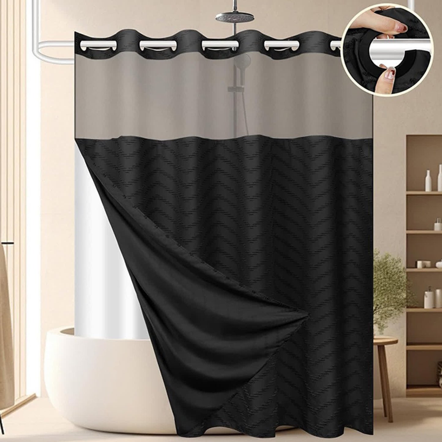 Tufted Zigzag Print  No Hook Shower Curtain - Black - 71"W x 87"L - image 0
