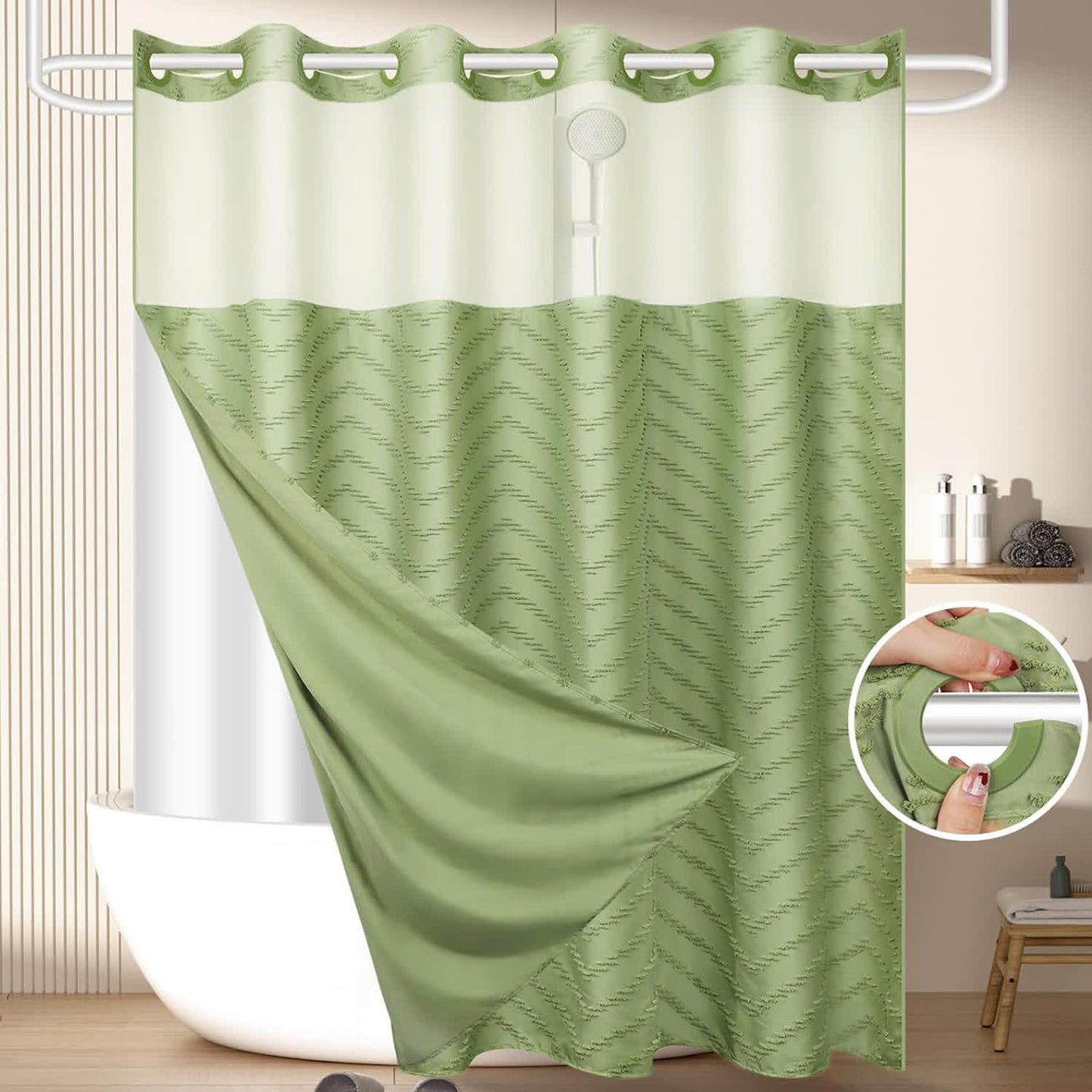 Tufted Zigzag Print  No Hook Shower Curtain - Matcha Green - 71"W x 87"L - image 1
