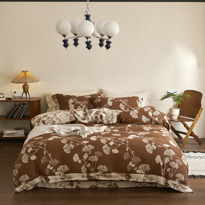 Button Ginkgo Leaf Cotton Gauze Bedding Set (4PCS) - Brown & Apricot - King - image 18