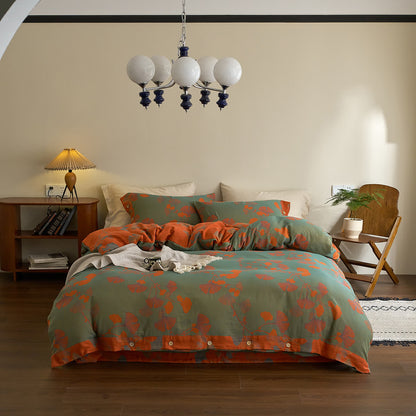 Button Ginkgo Leaf Cotton Gauze Bedding Set (4PCS) - Green & Orange - King - image 0