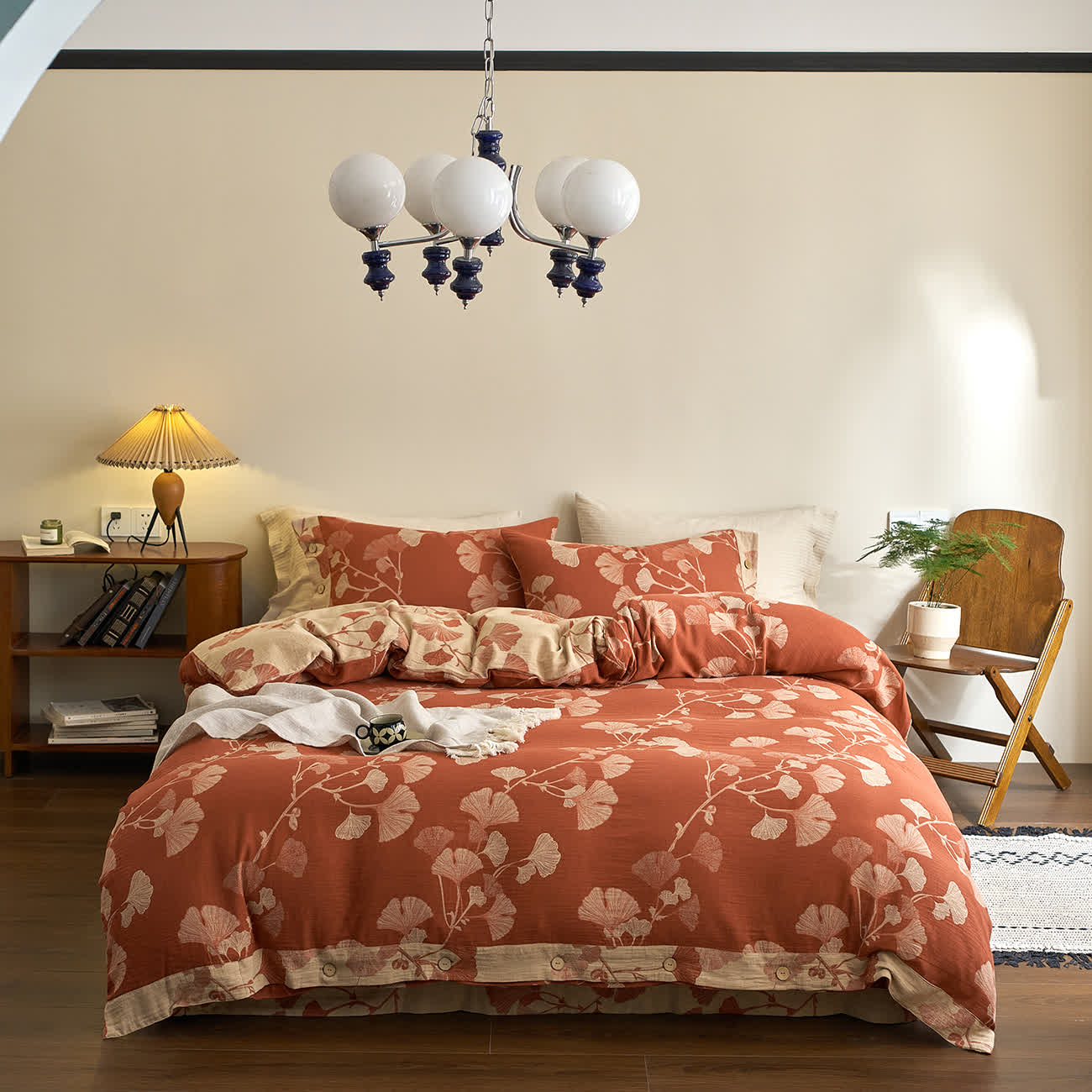 Button Ginkgo Leaf Cotton Gauze Bedding Set (4PCS) - Brick Red & Beige - King - image 9
