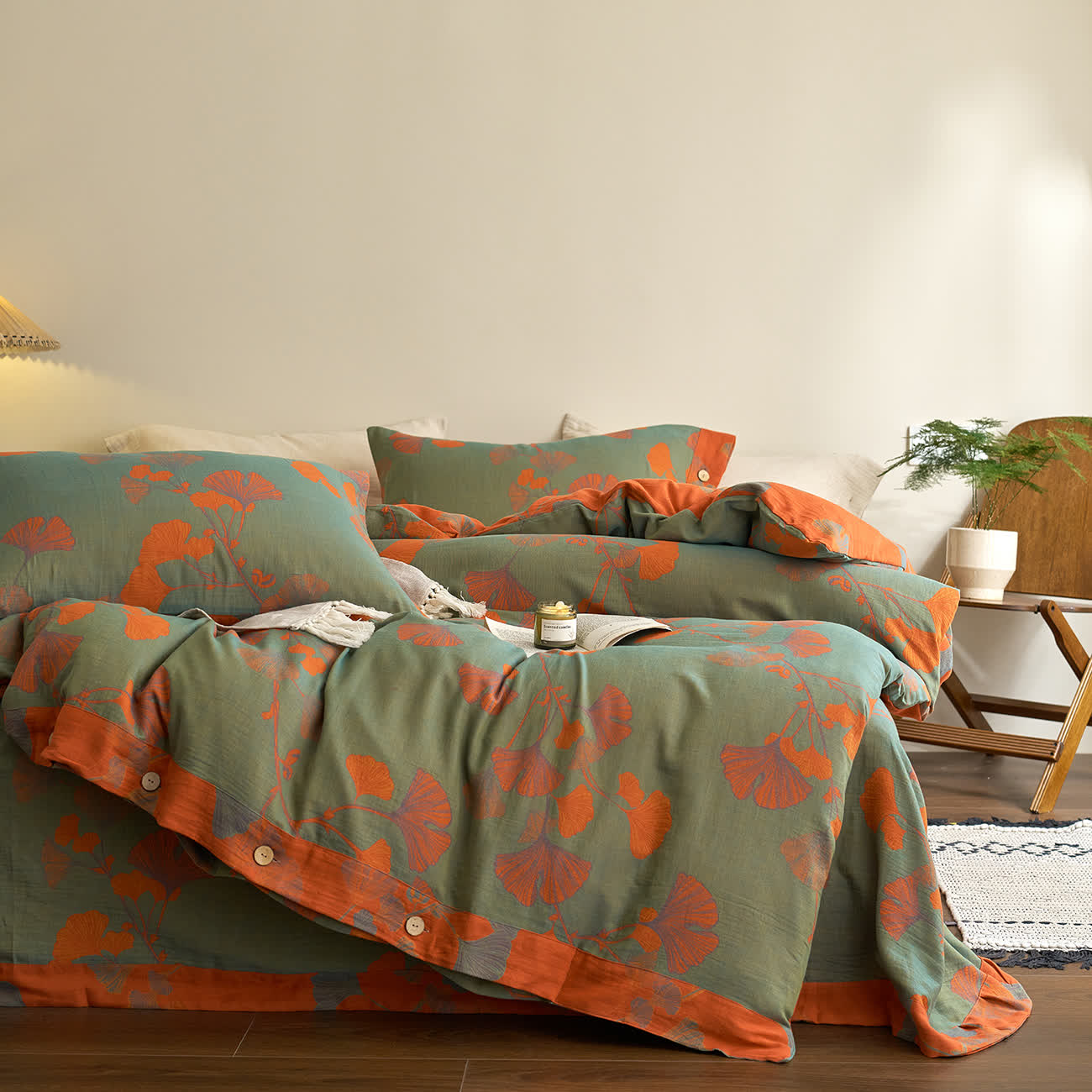 Button Ginkgo Leaf Cotton Gauze Bedding Set (4PCS) - image 1