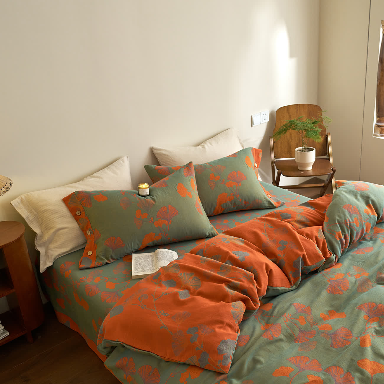 Button Ginkgo Leaf Cotton Gauze Bedding Set (4PCS) - image 3