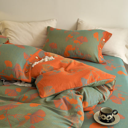Button Ginkgo Leaf Cotton Gauze Bedding Set (4PCS) - image 8