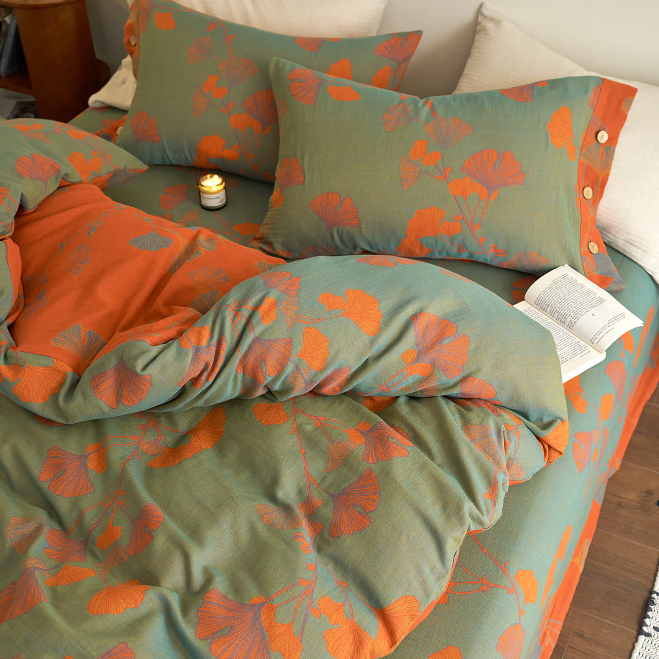 Button Ginkgo Leaf Cotton Gauze Bedding Set (4PCS) - image 4