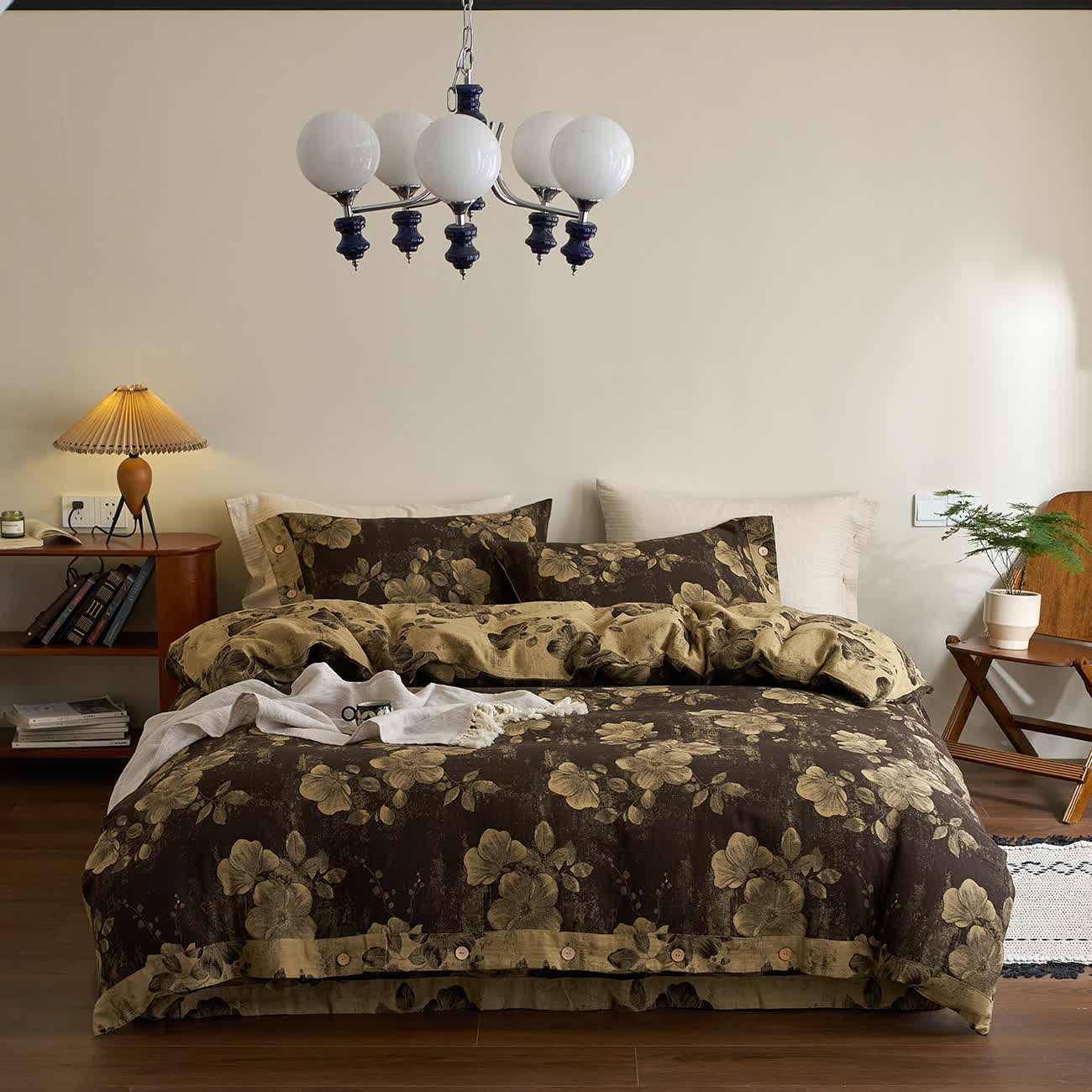 Button Yarn-dyed Cotton Gauze Bedding Set (4PCS) - Dark Brown & Earthy Yellow - King - image 0