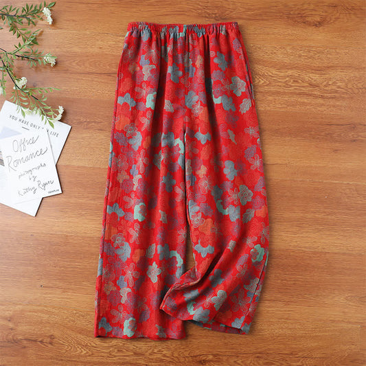 Yarn-dyed Jacquard Cotton Gauze Pajama Pants - Red - XL - image 0