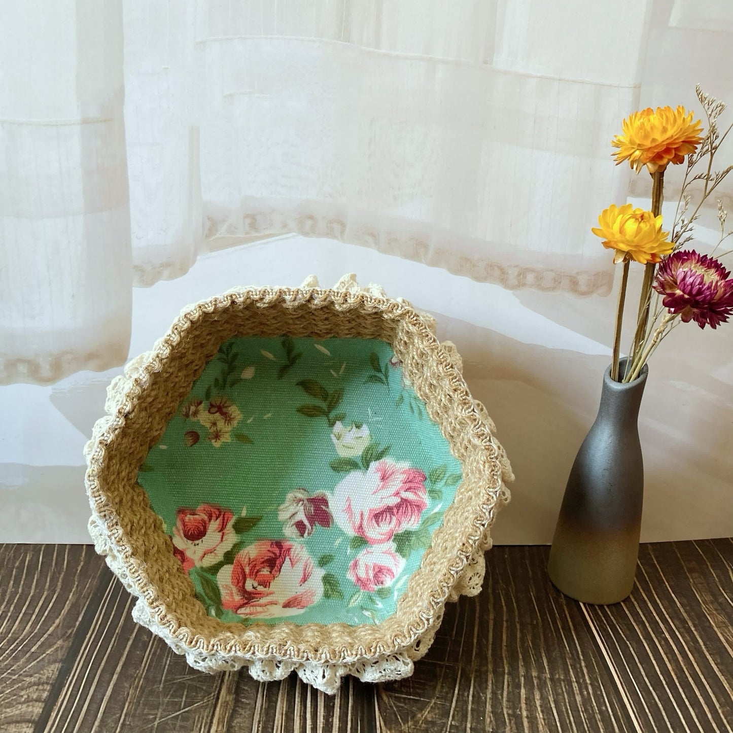 Hexagon Floral Hemp Rope Storage Basket - A-7.09"W x 7.09"L x 2.76"H - image 1