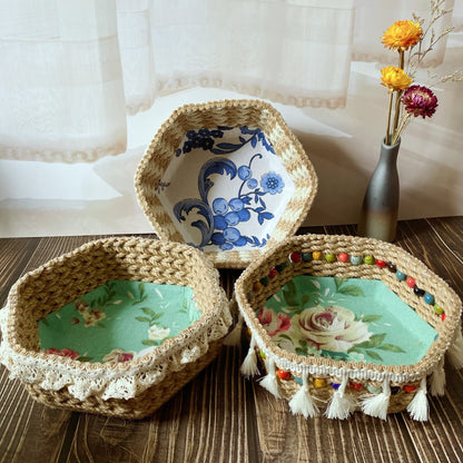 Hexagon Floral Hemp Rope Storage Basket - image 0