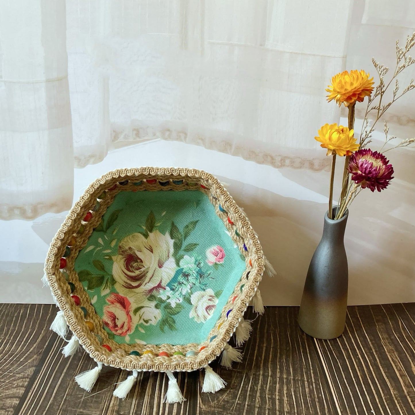 Hexagon Floral Hemp Rope Storage Basket - B-7.09"W x 7.09"L x 2.76"H - image 3