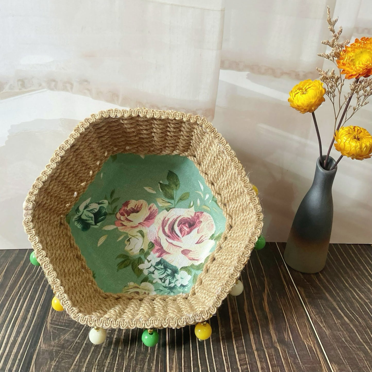 Hexagon Floral Hemp Rope Storage Basket - D-7.87"W x 7.87"L x 3.35"H - image 8