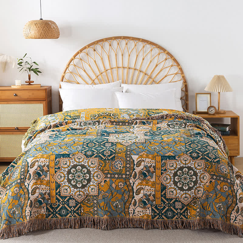 Morocco Cotton Gauze Reversible Tassel Blanket - Ginger Yellow & Dark Green - 79"W x 90"L  - image 5