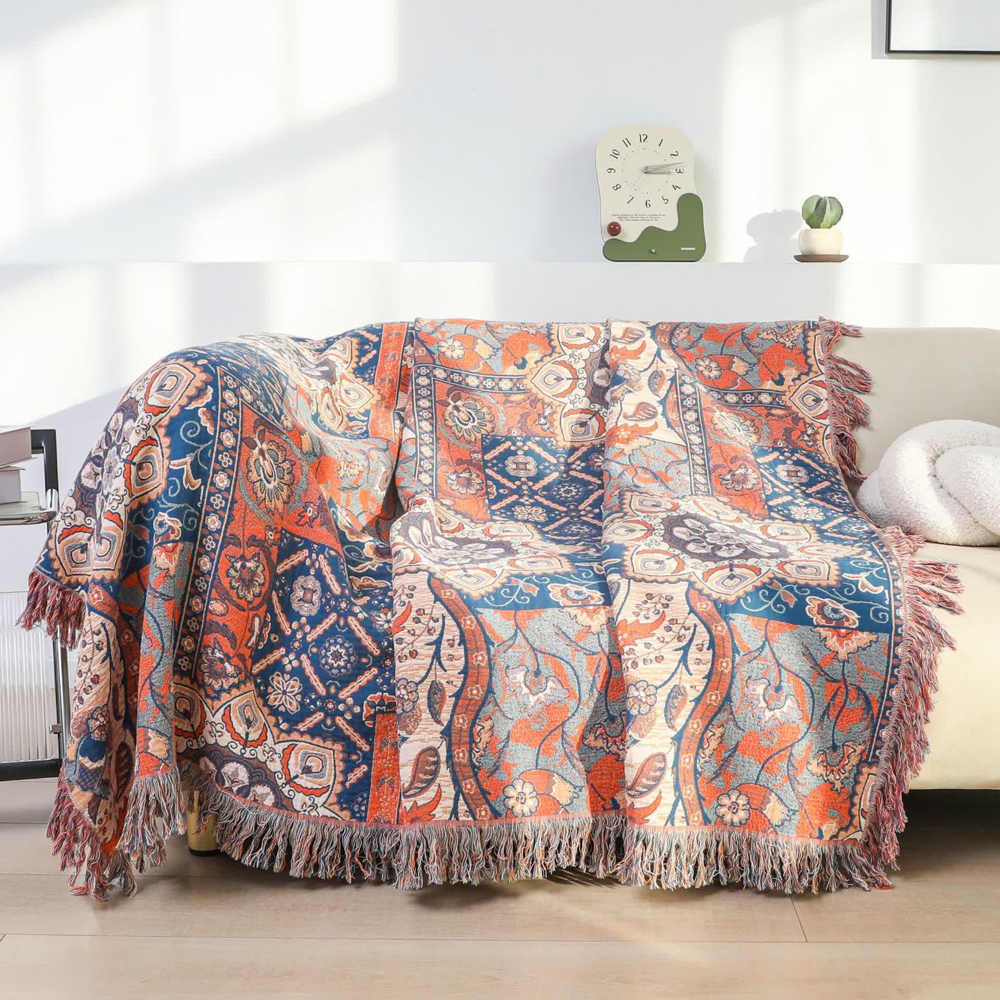 Morocco Cotton Gauze Reversible Tassel Blanket - Coral Orange & Dark Blue - 79"W x 90"L  - image 0
