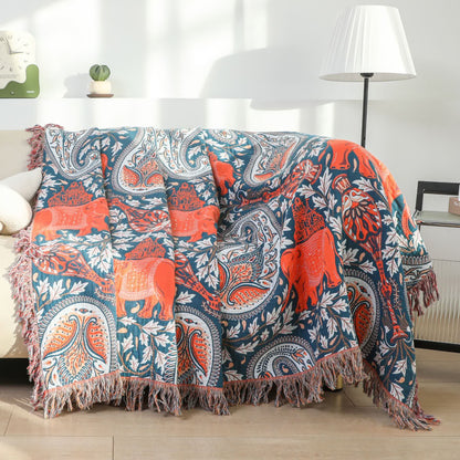 Paisley Elephant Tassel Cotton Sofa Blanket - Dark Blue & Orange - 79"W x 90"L  - image 0