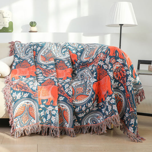 Paisley Elephant Tassel Cotton Sofa Blanket - Dark Blue & Orange - 79"W x 90"L  - image 0
