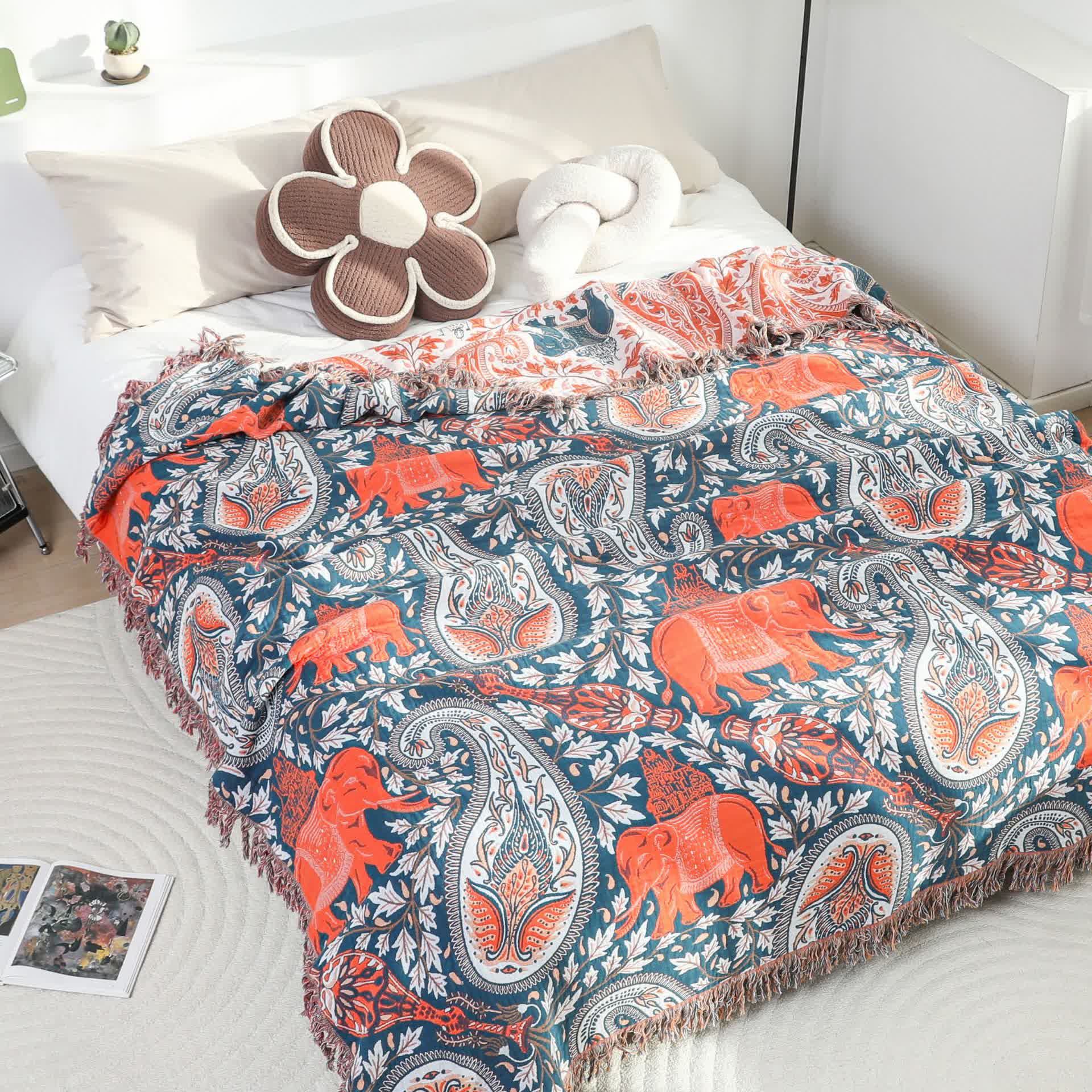 Paisley Elephant Tassel Lightweight Cotton Quilt - Dark Blue & Orange - Queen - image 0