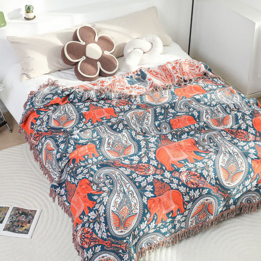 Paisley Elephant Tassel Lightweight Cotton Quilt - Dark Blue & Orange - Queen - image 0