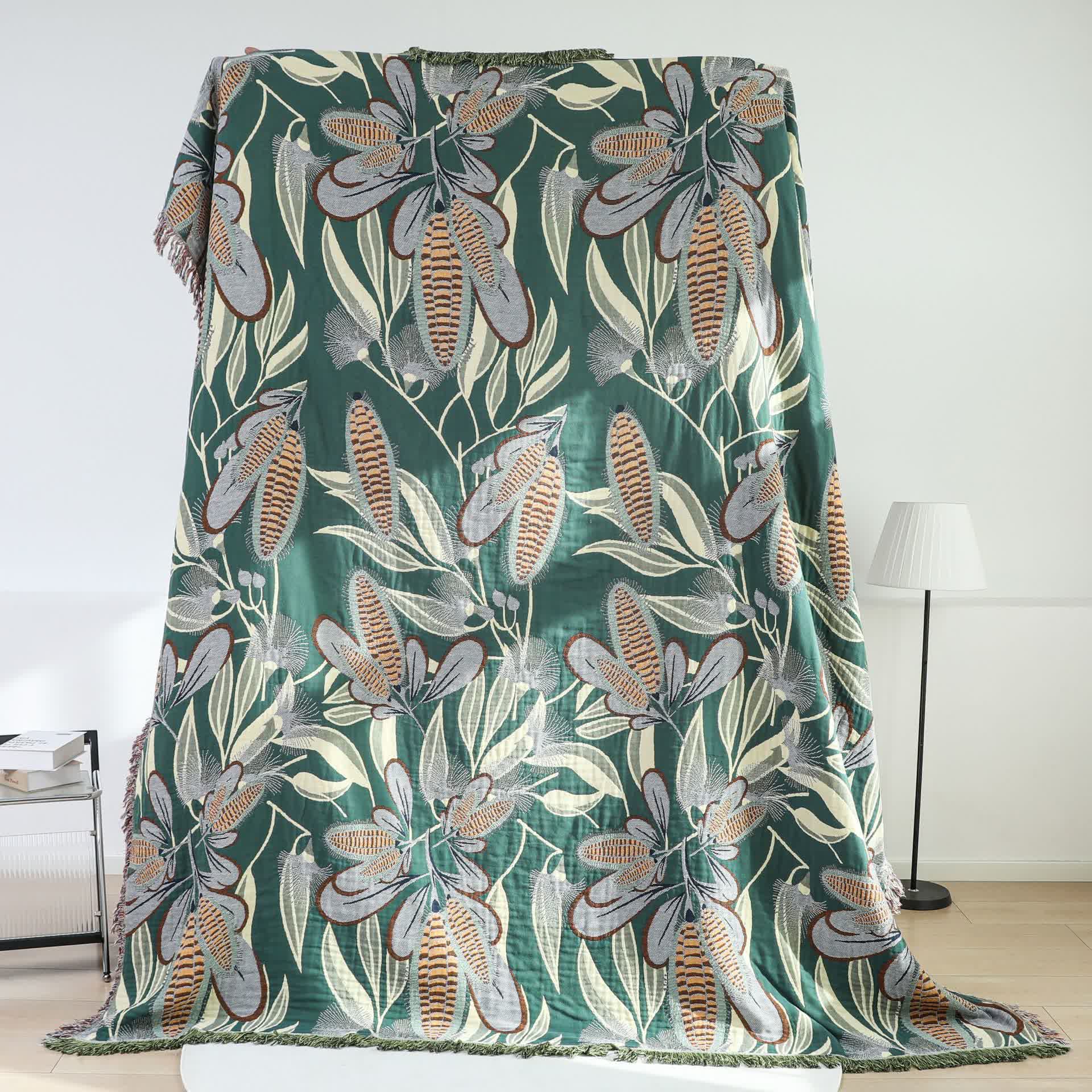 Rural Corn Cotton Gauze Tassel Sofa Blanket - Dark Green & Beige - 79"W x 90"L  - image 0