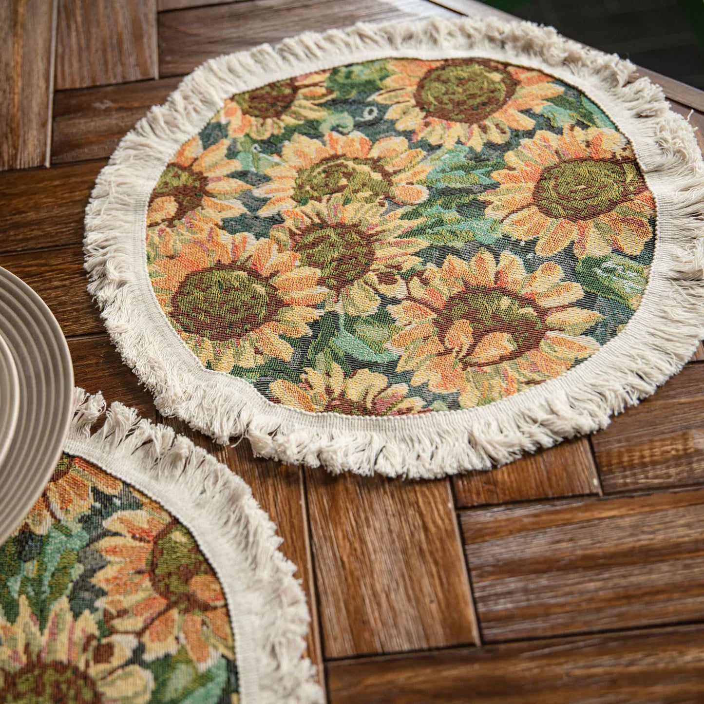Rural Sunflower Tassel Cotton Linen Placemat - 1PC - 11.81"W x 11.81"L x 0.39"H - image 5