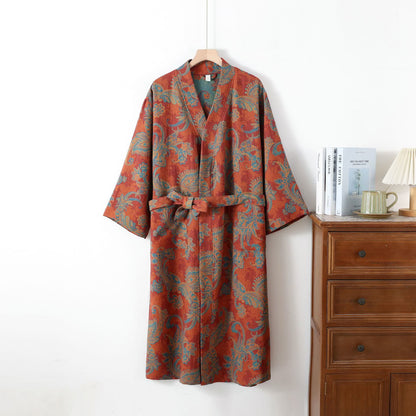 Cotton Gauze Jacquard Retro Quick-dry Bathrobe - Brick Red - One Size - image 0